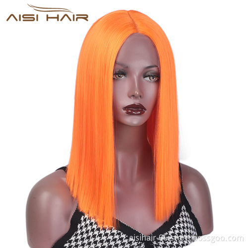 Aisi Hair Medium Long Orange Wig Cosplay Front Lace Wig Middle Part Straight Silky Synthetic Lace Frontal Hair Wigs For Women